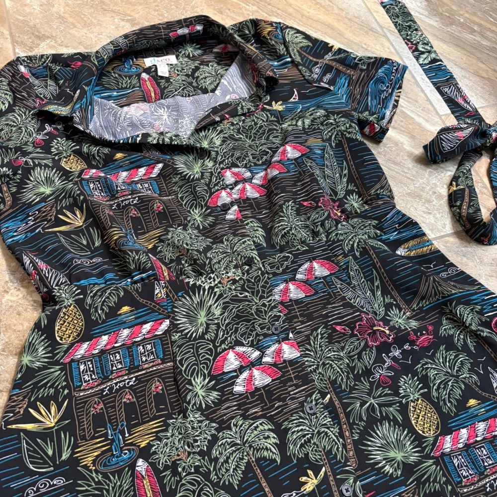 Denim & Co Tropical Beach Print Shirt Dress Black Short Sleeve Belted Womens M - Picture 7 of 7
